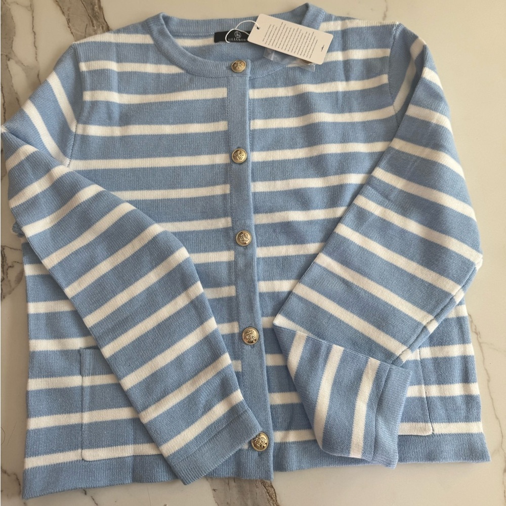 Blue and White Striped Cardigan